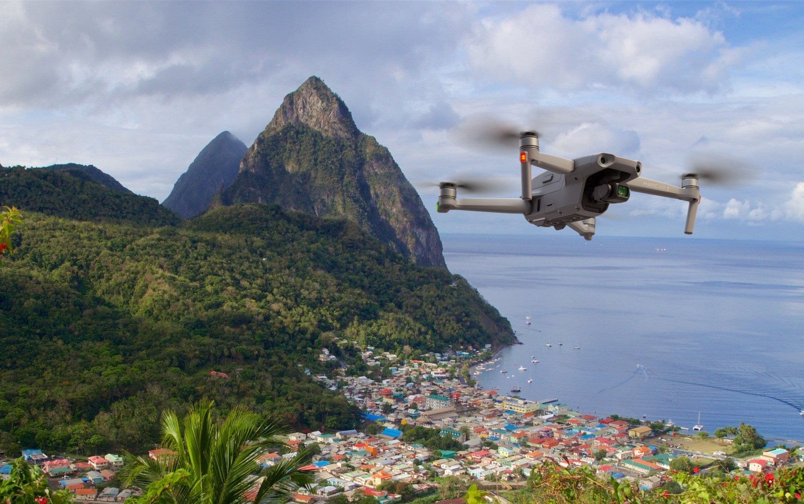The Pitons and Soufriere, Saint Lucia, with a production drone
